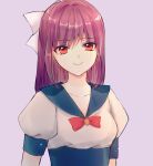  1girl blue_sailor_collar bow brooch closed_mouth collarbone hair_bow highres jewelry long_hair looking_at_viewer neko_(nekomimi1313) original purple_background purple_eyes purple_hair red_bow sailor_collar simple_background smile solo upper_body white_bow 