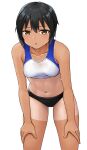  1girl bangs black_hair breasts brown_eyes buruma commentary_request hands_on_own_thighs hashi leaning_forward looking_at_viewer medium_breasts navel open_mouth original short_hair solo sports_bikini stomach sweat tan tanlines track_and_field 