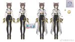  1girl animal_ears black_pants breasts cleavage cleavage_cutout clothing_cutout cube full_body girls&#039;_frontline girls&#039;_frontline_neural_cloud gloves hair_ornament hair_over_shoulder highres jewelry labcoat large_breasts long_hair mo_li_baitao_shui necklace pants prototype reference_sheet shirt shoes short_sleeves simple_background sleeves_rolled_up smile turing_(girls&#039;_frontline_nc) weibo_username white_background white_shirt yellow_gloves 