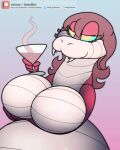  anthro belly beverage big_belly big_breasts biped breasts brown_hair fangs female foxball hair half-closed_eyes hi_res holding_object huge_breasts hyper hyper_belly kitty_pride mia_mackat multicolored_body narrowed_eyes nude presenting red_body reptile scalie simple_background smile snake solo standing teeth video_games white_body 