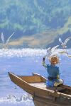  1boy bird blonde_hair blue_tunic bo_oj0916 boat facing_away flock flying groin highres link low_ponytail male_focus medium_hair outdoors outstretched_hand sitting solo the_legend_of_zelda the_legend_of_zelda:_breath_of_the_wild water watercraft 