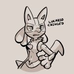  1:1 3_fingers advos ambiguous_gender anthro canid canine cringing digital_media_(artwork) english_text fingers frown fur generation_4_pokemon hi_res lucario mammal monochrome navel nintendo open_mouth pokemon pokemon_(species) simple_background solo teeth text video_games 