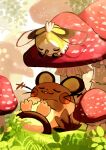  :3 absurdres animal_focus blush_stickers buck_teeth closed_eyes closed_mouth commentary cutiefly day dedenne full_body grass happy highres lying mushroom no_humans on_back on_ground outdoors pokemon pokemon_(creature) sitting smile teeth u_u uroko_(rwde4544) 