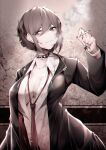  1girl absurdres black_collar black_jacket breasts brown_eyes brown_hair cigarette cleavage collar collarbone cracked_wall highres holding holding_cigarette jacket necktie open_clothes open_shirt original samip school_uniform shirt smile solo white_shirt 