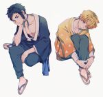  2boys agatsuma_zenitsu amata_(pixiv25705097) bangs black_kimono blonde_hair choker closed_mouth collarbone colored_tips crossed_ankles flip-flops frown full_body gradient_clothes grey_pants hand_on_own_cheek hand_on_own_face hand_on_own_leg hand_up head_rest head_tilt highres invisible_chair japanese_clothes jewelry kaigaku kimetsu_no_yaiba kimono knees_up long_sleeves looking_at_viewer magatama male_focus multicolored_hair multiple_boys orange_hair outstretched_arms own_hands_together pants pectorals pendant sandals sash short_hair simple_background sitting streaked_hair triangle_print white_background yellow_eyes yellow_kimono zouri 