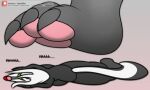  anthro biped black_body claws clothed clothing duo female flattened flattened_breasts foxball fur hair half-closed_eyes looking_pleasured lying mammal mephitid narrowed_eyes on_back paws simple_background skunk solo_focus stepped_on stripes text white_hair 