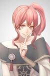 1girl anna_(fire_emblem) bangs bare_shoulders closed_mouth collarbone commentary fire_emblem fire_emblem:_three_houses grey_background hair_between_eyes highres index_finger_raised long_hair looking_at_viewer off_shoulder pochiz0 ponytail red_eyes red_hair sidelocks simple_background smile solo twitter_username very_long_hair 