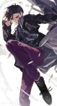  1boy absurdres bangs black_jacket black_shirt bruise bruise_on_face determined doran_(doran7280) fighting_stance glaring highres injury jacket kamen_rider kamen_rider_geats_(series) leg_up long_jacket looking_at_viewer male_focus pants print_shirt purple_pants shirt shoes standing standing_on_one_leg ukiyo_ace white_background 