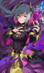  1girl bodysuit breasts dark_persona dragonstone fire_emblem fire_emblem_awakening fire_emblem_heroes grima_(fire_emblem) grin hair_ornament hand_on_own_chest highres jewelry kamu_(kamuuei) red_eyes robin_(fire_emblem) robin_(fire_emblem)_(female) smile twintails white_hair 