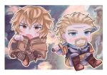  2boys armor askeladd blonde_hair blue_eyes breastplate cape chibi facial_hair fur_trim highres kutuki male_focus multiple_boys short_hair sword thorfinn vinland_saga weapon yellow_eyes 