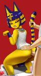  2021 anal anal_penetration animal_crossing ankha_(animal_crossing) anthro anthro_penetrated black_eyes blue_ears blue_hair bodily_fluids bottomless butt clothed clothing digital_media_(artwork) domestic_cat egyptian eyes_closed fangs felid feline felis female fur genitals hair hi_res human human_penetrating humanoid_genitalia humanoid_penis john_joseco mammal nintendo offscreen_character open_mouth penetration penis pubes pussy sex simple_background sweat sweatdrop tail_grab video_games yellow_body yellow_fur 