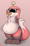  ambiguous_gender anthro belly big_belly biped canid canine clothing drake_(kitty_pride) eyewear fangs fox foxball fur glasses hanging_belly hi_res kitty_pride mammal multicolored_body navel nude orange_body simple_background smile solo standing teeth video_games 
