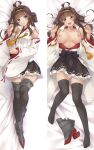  1girl ahoge boots breasts breasts_out brown_hair dakimakura_(medium) detached_sleeves double_bun hair_bun hairband headgear highres japanese_clothes kantai_collection kochipu kongou_(kancolle) kongou_kai_ni_(kancolle) large_breasts long_hair lying multiple_views nipples nontraditional_miko on_back on_side purple_eyes ribbon-trimmed_sleeves ribbon_trim smile thigh_boots 