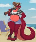  alligator alligatorid anthro beach beach_chair belly big_belly big_breasts blazecloud bottomwear breasts cleavage clothed clothing cloud crocodilian crop_top diamond_(losangelesrider) female gun hair hand_on_hip hi_res hotpants long_tail navel navel_piercing overweight overweight_anthro overweight_female piercing pupils ranged_weapon red_body red_scales reptile sand sandal scales scalie sea seaside sharp_teeth shirt shorts shotgun sky slightly_chubby slit_pupils solo standing teeth thick_tail tied_hair tied_shirt topwear water weapon weapon_on_shoulder yellow_eyes 