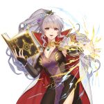  1girl book breasts commission commissioner_upload earrings electricity fire_emblem fire_emblem:_genealogy_of_the_holy_war fire_emblem_heroes flower hair_flower hair_ornament highres ishtar_(fire_emblem) jewelry kuzunue long_hair magic necklace non-web_source purple_eyes skeb_commission 