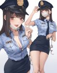  1girl :p absurdres bare_legs blue_shirt breasts brown_hair cleavage cuffs handcuffs hat highres koh_(minagi_kou) looking_at_viewer mask medium_breasts medium_hair mole mole_under_eye mouth_mask multiple_views necktie open_collar original peaked_cap pencil_skirt police police_uniform policewoman shirt shirt_tucked_in simple_background skirt straight_hair tongue tongue_out uniform v white_background 