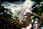  1girl bare_shoulders black_gloves black_shorts black_tank_top blue_eyes cowboy_shot elbow_gloves from_side gloves greatsword hair_over_one_eye holding holding_sword holding_weapon long_hair looking_at_viewer looking_to_the_side mole mole_under_mouth nier_(series) nier_automata ruka_(blueplus84) shorts signature solo sword tank_top weapon white_hair yorha_type_a_no._2 