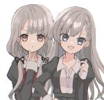  2girls :&lt; :d absurdres artist_name bangs black_bow black_dress black_ribbon black_shirt blue_eyes bow bowtie braid braided_bangs brown_eyes commentary curled_fingers dress french_braid grey_hair hair_bow hair_ribbon hatsuse_(h2sn000) head_tilt highres hisakawa_hayate hisakawa_nagi idolmaster idolmaster_cinderella_girls juliet_sleeves long_hair long_sleeves looking_at_viewer low_twintails multiple_girls open_clothes open_mouth parted_lips pinafore_dress puffy_sleeves red_bow red_bowtie ribbon shirt siblings side-by-side simple_background sisters smile symbol-only_commentary teeth twins twintails twitter_username upper_body upper_teeth v v-shaped_eyebrows white_background white_shirt 