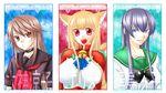  3girls animal_ears asobi_ni_iku_yo! bell bell_collar blue_eyes bow breasts brown_eyes brown_hair busujima_saeko choker cleavage collar dsm_miyako eris_(asobi_ni_iku_yo!) female frame highschool_of_the_dead light_brown_hair multiple_girls ookami-san ookami-san_to_shichinin_no_nakamatachi ookami_ryouko payot purple_hair red_eyes school_uniform sidelocks smile tail 