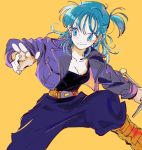  belt black_shirt blue_eyes blue_hair boots bulma cosplay dragon_ball dragon_ball_(classic) dragon_ball_z eyebrows_visible_through_hair fighting_stance fingernails floating_hair grin jacket looking_away open_clothes open_jacket orange_background pants shirt side_ponytail simple_background smile solo spread_legs sujin sword trunks_(dragon_ball) trunks_(dragon_ball)_(cosplay) weapon 