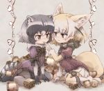  2girls adapted_costume animal_ear_fluff animal_ears blonde_hair bow bowtie chocolate commentary common_raccoon_(kemono_friends) elbow_gloves eyebrows_visible_through_hair fennec_(kemono_friends) finger_to_another&#039;s_mouth fox_ears fox_tail fur_collar fur_trim gloves grey_hair kemono_friends kolshica multicolored_hair multiple_girls no_shoes pantyhose pleated_skirt puffy_short_sleeves puffy_sleeves raccoon_ears raccoon_tail short_hair short_sleeves skirt smile sweater tail thigh_bow thighhighs zettai_ryouiki 