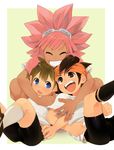  3boys bike_shorts blue_eyes brown_eyes brown_hair bulge endou_mamoru eyes_closed goggles headband hug inazuma_eleven inazuma_eleven_(series) male multiple_boys pink_hair shota smile spats tachimukai_yuuki tsunami_jousuke 