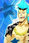  1boy blue_background blue_hair chain chains character_name crossed_arms cybor cyborg franky jewelry ladynoa male male_focus necklace one_piece open_clothes open_shirt shirt simple_background solo star sunglasses tattoo 