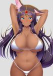  1girl animal_ears aqua_eyes arms_behind_head bikini breasts cleavage commentary_request dark_skin eyebrows_visible_through_hair fate/grand_order fate_(series) gem grey_background head_chain jewelry kisaragi_nana large_breasts long_hair looking_at_viewer micro_bikini navel purple_hair queen_of_sheba_(fate/grand_order) smile solo standing swimsuit 