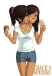  2girls black_hair brown_eyes conjoined ice_cream lick multi_head sisters twins 