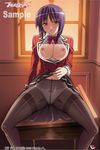  blue_hair blush breasts fujikura_yuu large_breasts navel nipples open_clothes open_mouth pantyhose princess_lover short_hair solo spread_legs thighband_pantyhose 