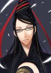  bayonetta bayonetta_(character) black_hair blue_eyes female glasses hair_bun long_hair red_ribbon ribbon shuugetsu_karasu solo 