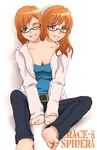  2girls blue_eyes cleavage conjoined crackspider glasses multi_head red_hair sisters twins wink 