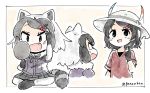  2girls :d artist_name black_eyes black_hair commentary common_raccoon_(kemono_friends) fang fur_collar hair_ornament hairclip hat hat_feather kaban_(kemono_friends) kemono_friends mirror multiple_girls open_mouth panzuban pointing pointing_at_self raccoon_tail red_shirt shirt short_hair short_sleeves simple_background smile tail twintails twitter_username white_background white_hair white_hat 