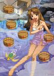  1girl antennae bath_stool breasts brown_eyes brown_hair bucket cleavage happy index_finger_raised large_breasts long_hair looking_at_viewer love_hina naked_towel narusegawa_naru onsen open_mouth outdoors raised_hand smile stool swimming tama_(love_hina) towel turtle 