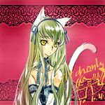  animal_ears bell blue_ribbon c.c. cat_ears cat_tail cc code_geass dress female gradient gradient_background green_hair highres long_hair ribbon solo tail witchonly yellow_eyes 