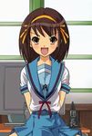  animated animated_gif bangs blush bouncing_breasts breasts brown_hair computer gif happy indoors looking_at_viewer lowres open_mouth pc ribbon riding_machine school_uniform short_hair smile solo suzumiya_haruhi suzumiya_haruhi_no_yuuutsu yellow_eyes 