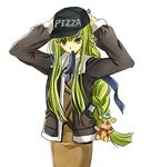  arms_up braid c.c. cc code_geass dress female full_metal_panic full_metal_panic! green_hair hat jacket long_hair meimi meimi_k mouth_hold photoshop ribbon seiyuu_connection seiyuu_joke single_braid solo teletha_testarossa white_background yellow_eyes 