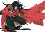  1boy belt black_hair cait_sith cape crown final_fantasy final_fantasy_vii headband long_hair male male_focus red_cape red_eyes sabatons simple_background solo torn_clothes vincent_valentine 
