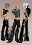  3boys ass fishnet fruits_basket leather_pants male midriff sohma_hatsuharu sohma_kyo sohma_yuki standing 