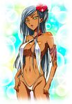  artist_request bikini blush body_blush breasts cameltoe code_geass dark_skin erect_nipples female flower gradient gradient_background hair_ornament long_hair midriff silver_hair sling_bikini solo swimsuit villetta_nu wet yellow_eyes 