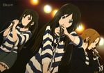  3girls absurdres akiyama_mio black_eyes black_hair brown_eyes brown_hair highres k-on! microphone multiple_girls nakano_azusa short_hair striped striped_legwear striped_thighhighs tainaka_ritsu thighhighs twintails 