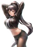  arms_up asanogawa_(tutufcc) azur_lane bangs black_hair black_shirt breasts brown_eyes brown_legwear closed_mouth commentary_request eyebrows_visible_through_hair hairband high_ponytail highres large_breasts long_hair long_sleeves looking_at_viewer neckerchief no_pants panties panties_under_pantyhose pantyhose ponytail shirt simple_background solo takao_(azur_lane) underwear v-shaped_eyebrows very_long_hair white_background white_hairband white_neckwear 