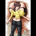  amaha_masane bb blush breast_press brown_eyes brown_hair cleavage gigantic_breasts jeans mangrowing witchblade 