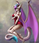  2018 4_toes 5_fingers anthro blue_hair breasts claws clothed clothing curved_horn digital_media_(artwork) dragon elvofirida female fur furred_dragon hair horn inner_ear_fluff membranous_wings purple_hair sherri_aura smile solo toes wings 