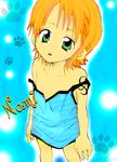  1girl blue_background blue_shirt character_name child female green_eyes green_hair ladynoa nami nami_(one_piece) one_piece orange_hair shirt simple_background solo standing tattoo 