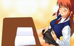  1girl artist_request blank_pages blush book breasts bulge cameltail character_request desk eyes_closed female futanari gradient gradient_background handjob highres long_hair masturbation necktie penis red_hair school_uniform smile solo source_request tie 