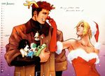  antlers armpits aya_brea bell blonde_hair blue_eyes brown_eyes brown_hair cactuar christmas couple dog dress elbow_gloves eye_contact female gloves grin happy hat koyokoyo kyle_madigan looking_at_another male nose_grab official_art parasite_eve parasite_eve_ii reindeer_antlers sabotender santa_costume santa_hat short_hair smile strapless strapless_dress tonberry trench_coat trenchcoat 