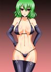  banned_artist bikini breasts breasts_apart elbow_gloves gloves green_hair groin kazami_yuuka large_breasts leather midriff red_eyes s_tanly solo swimsuit thigh_gap thighhighs touhou 