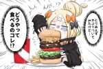  1girl abigail_williams_(fate/grand_order) bangs black_bow black_jacket blonde_hair blue_eyes bow commentary_request crossed_bandaids cup disposable_cup eating emphasis_lines eyebrows_visible_through_hair fate/grand_order fate_(series) food french_fries hair_bow hair_bun hamburger heroic_spirit_traveling_outfit highres jacket long_hair long_sleeves neon-tetora orange_bow parted_bangs sleeves_past_wrists solo sweat tears translation_request 