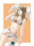  1girl :d bangs bare_arms bare_shoulders bikini blue_eyes border breasts brown_hair choker cleavage collarbone commentary_request cowboy_shot eunie_(xenoblade) hand_in_own_hair hand_up head_wings highres large_breasts long_hair looking_at_viewer navel open_mouth orange_background oto_nagi outside_border smile solo standing stomach swimsuit thighs white_bikini white_border white_choker xenoblade_chronicles_(series) xenoblade_chronicles_3 